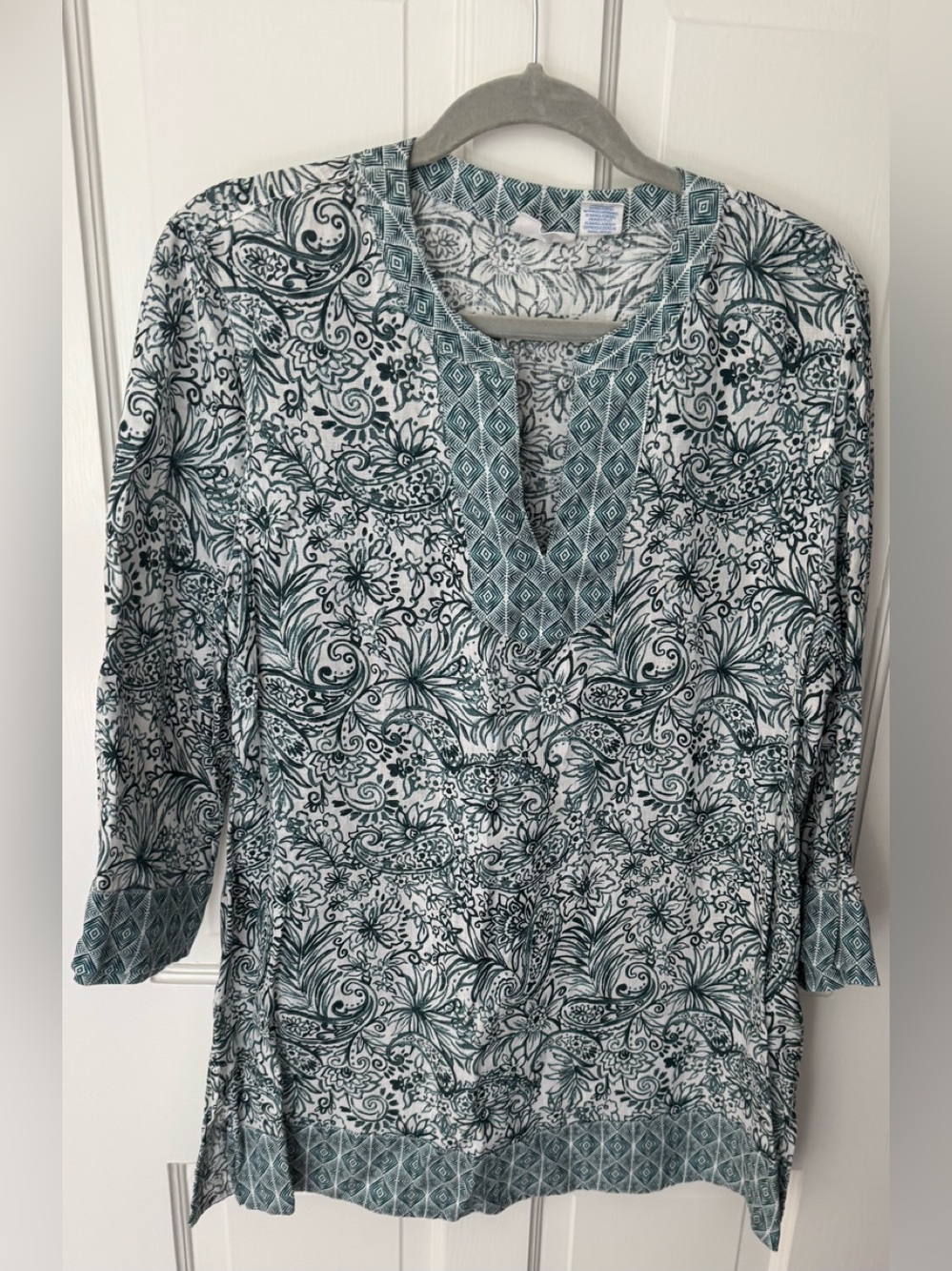 Sigrid Olsen White and Green Paisley Tunic with Geometric Trim